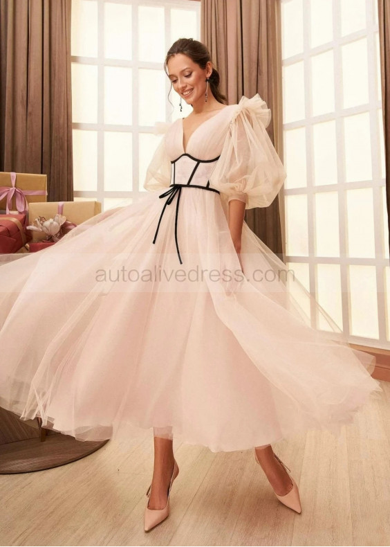 Nude Pink Pleated Tulle Midi Party Dress With Removable Corset